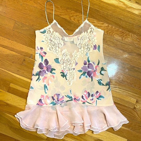 Vintage Victoria's Secret Peach Floral, Lace & Frill Mini Slip Lingerie Dress - Picture 4 of 15